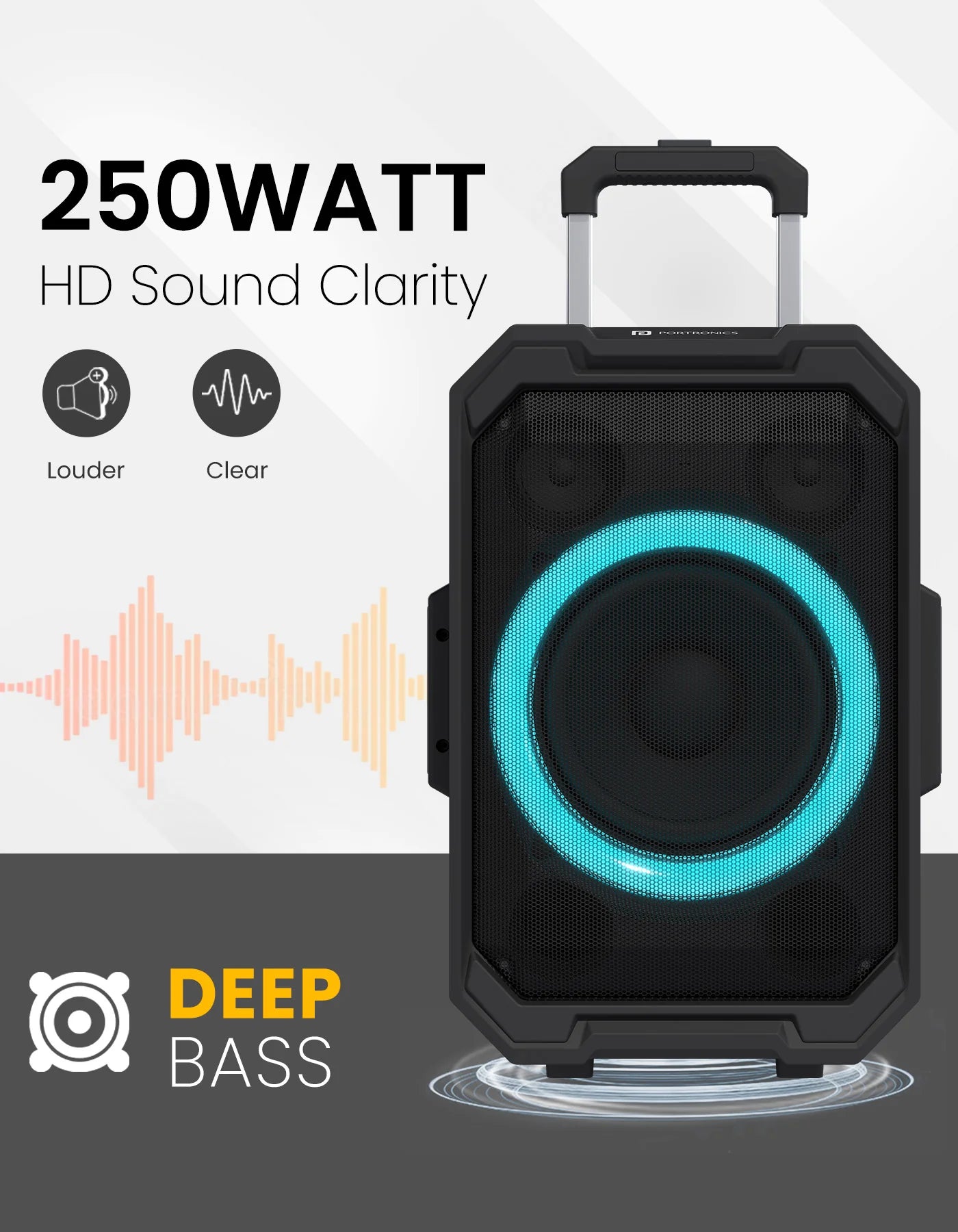 Portonics Iron Beats II
Trolley handle with Wheels | Bluetooth 5.3V | Wireless Karaoke Mic|6 Hours Playback
