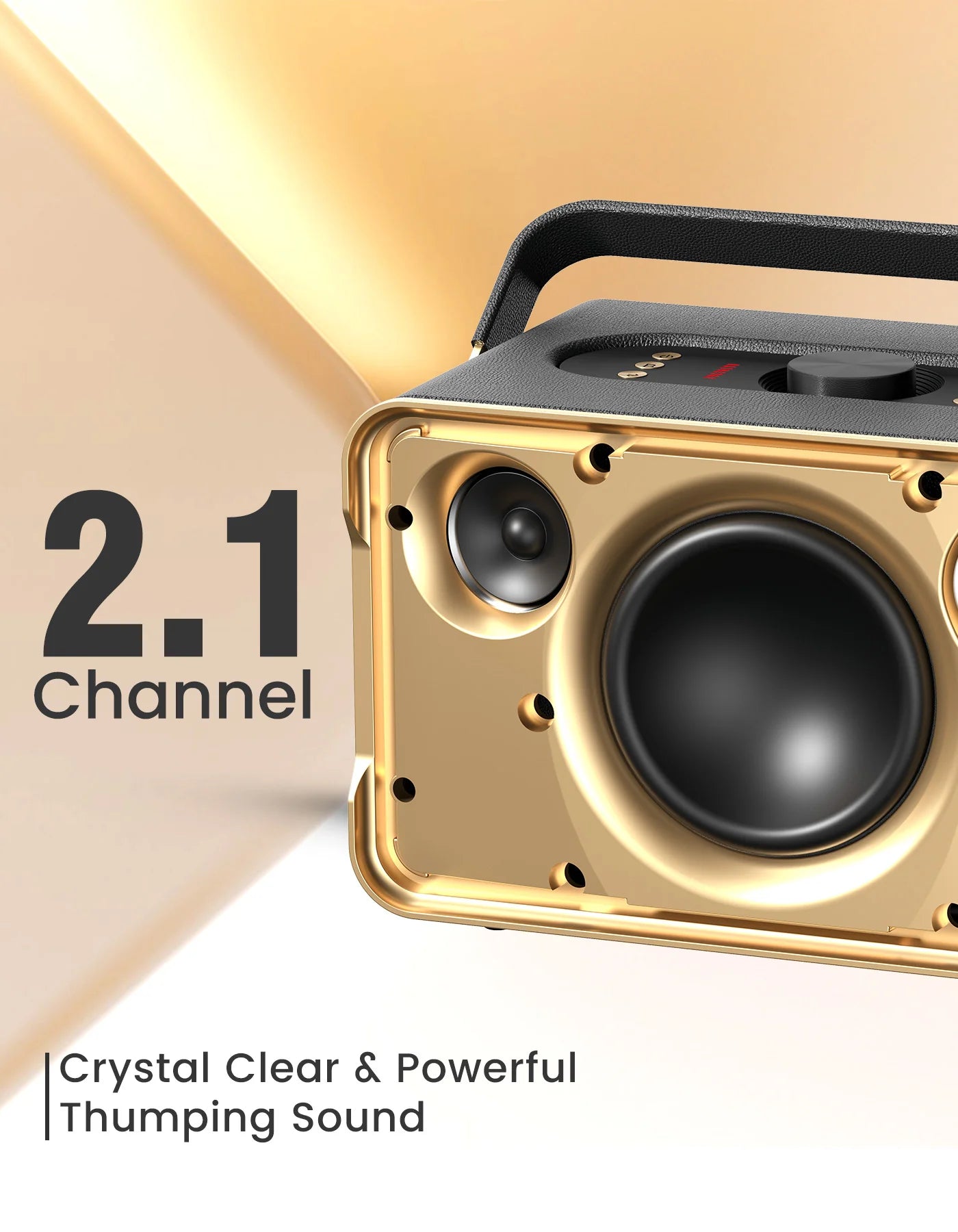 Portonics HARMONY
Bass Boost Technology | Bass/Treble Adjustment | 2.1 Channel | Leather Finish Black & Gold