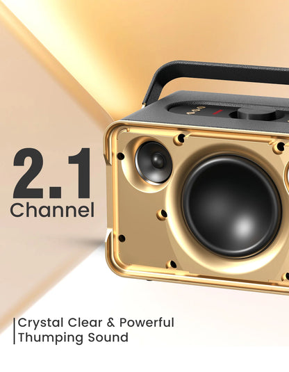 Portonics HARMONY
Bass Boost Technology | Bass/Treble Adjustment | 2.1 Channel | Leather Finish Black & Gold