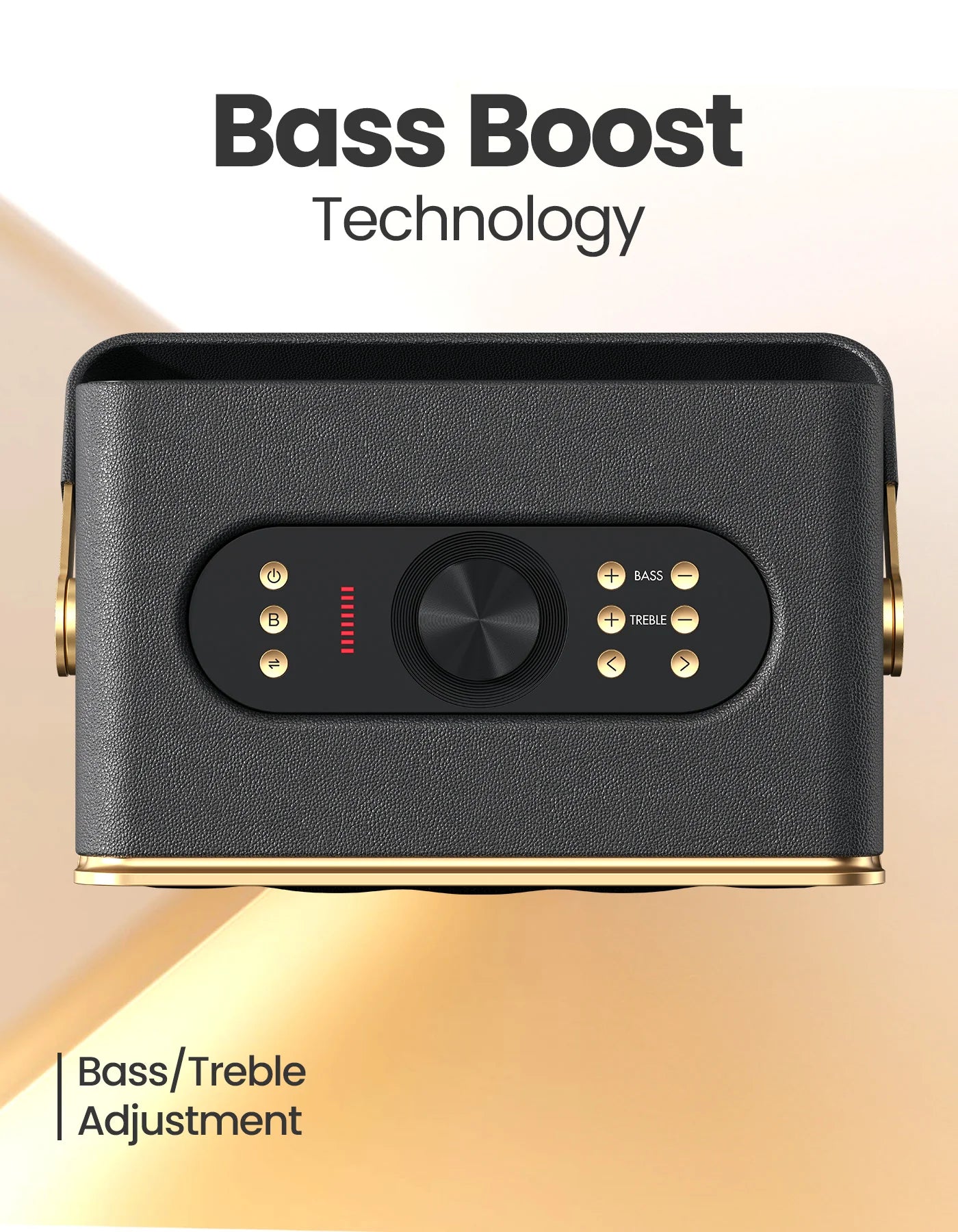 Portonics HARMONY
Bass Boost Technology | Bass/Treble Adjustment | 2.1 Channel | Leather Finish Black & Gold
