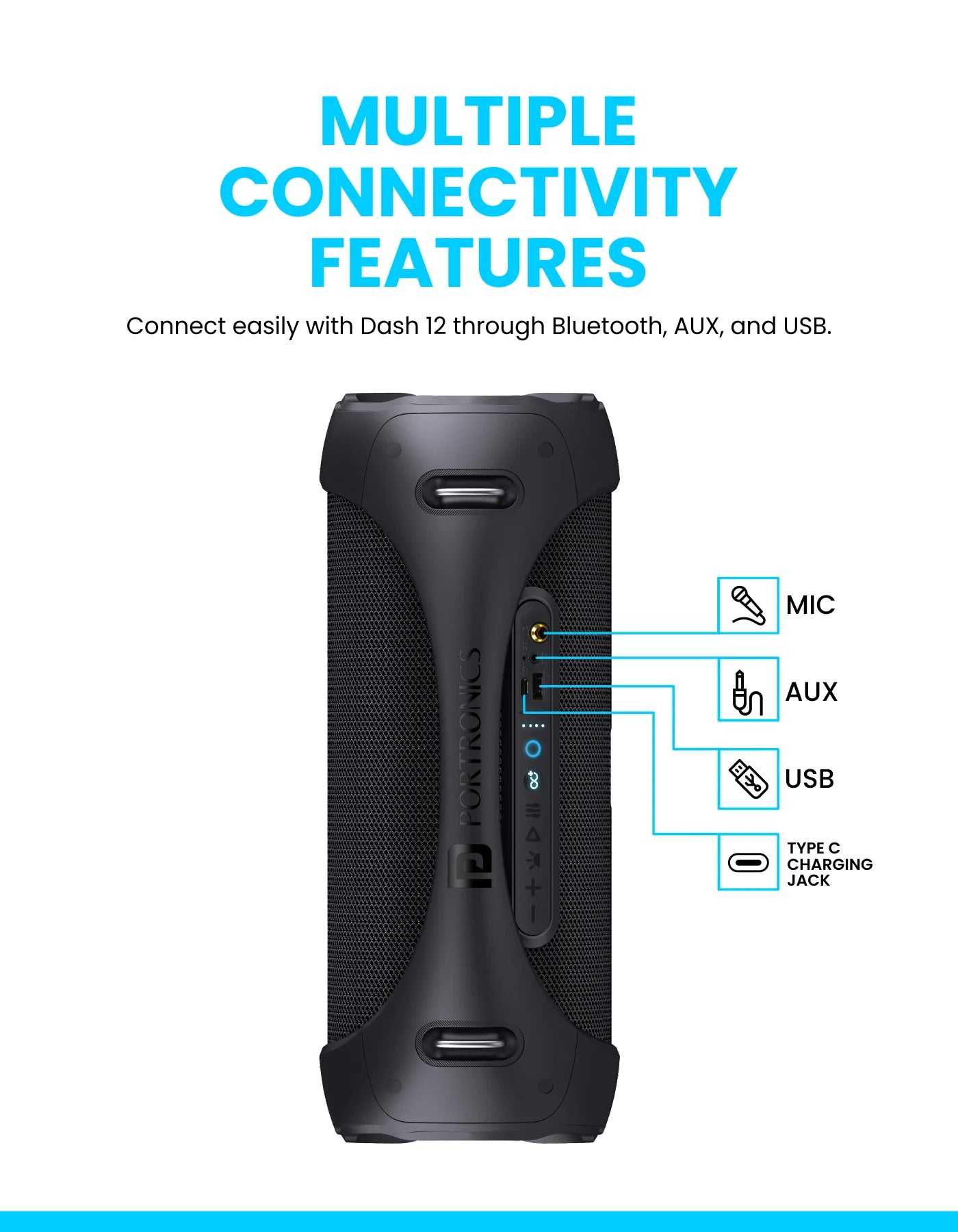 Portonics DASH 12
60W Speaker | Karaoke Mic | Multicolor LED Light | Multiple EQ Modes