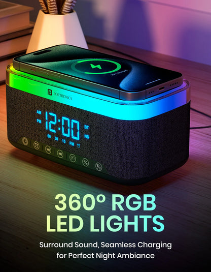 Portonics TriFusion
16W Bluetooth Speaker | 360 RGB LED Light | Digital Clock With Alarm | Built In White Noise