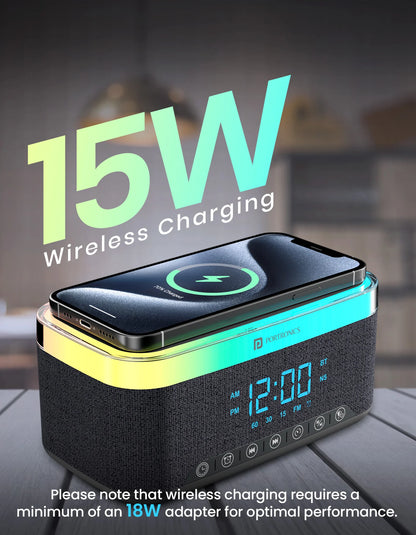 Portonics TriFusion
16W Bluetooth Speaker | 360 RGB LED Light | Digital Clock With Alarm | Built In White Noise