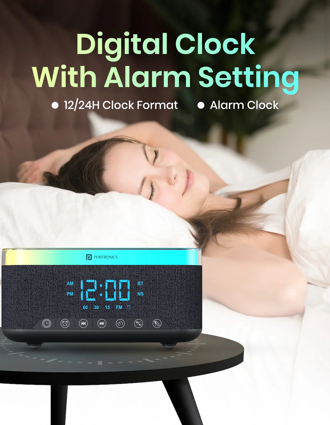 Portonics TriFusion
16W Bluetooth Speaker | 360 RGB LED Light | Digital Clock With Alarm | Built In White Noise