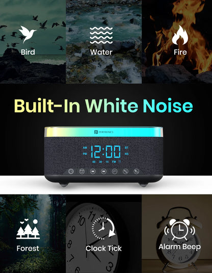 Portonics TriFusion
16W Bluetooth Speaker | 360 RGB LED Light | Digital Clock With Alarm | Built In White Noise