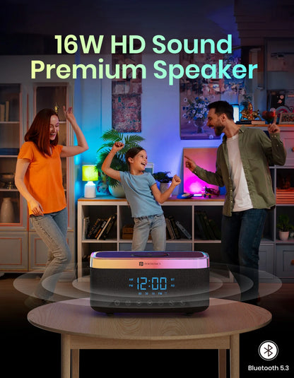 Portonics TriFusion
16W Bluetooth Speaker | 360 RGB LED Light | Digital Clock With Alarm | Built In White Noise
