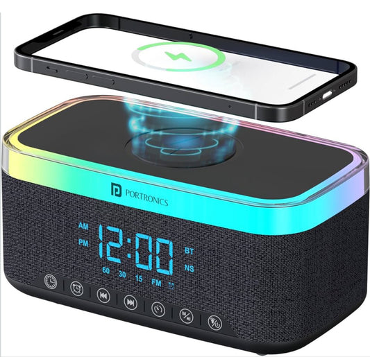 Portonics TriFusion
16W Bluetooth Speaker | 360 RGB LED Light | Digital Clock With Alarm | Built In White Noise