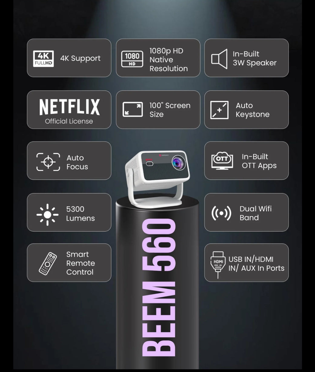 Portonics Beem 560
5300 Lumen Brightness | 1080P HD Native Resolution | Adjustable Angles | Dual Band Wifi & Bluetooth