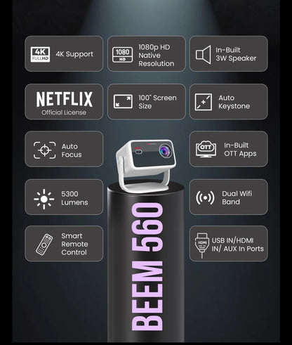 Portonics Beem 560
5300 Lumen Brightness | 1080P HD Native Resolution | Adjustable Angles | Dual Band Wifi & Bluetooth