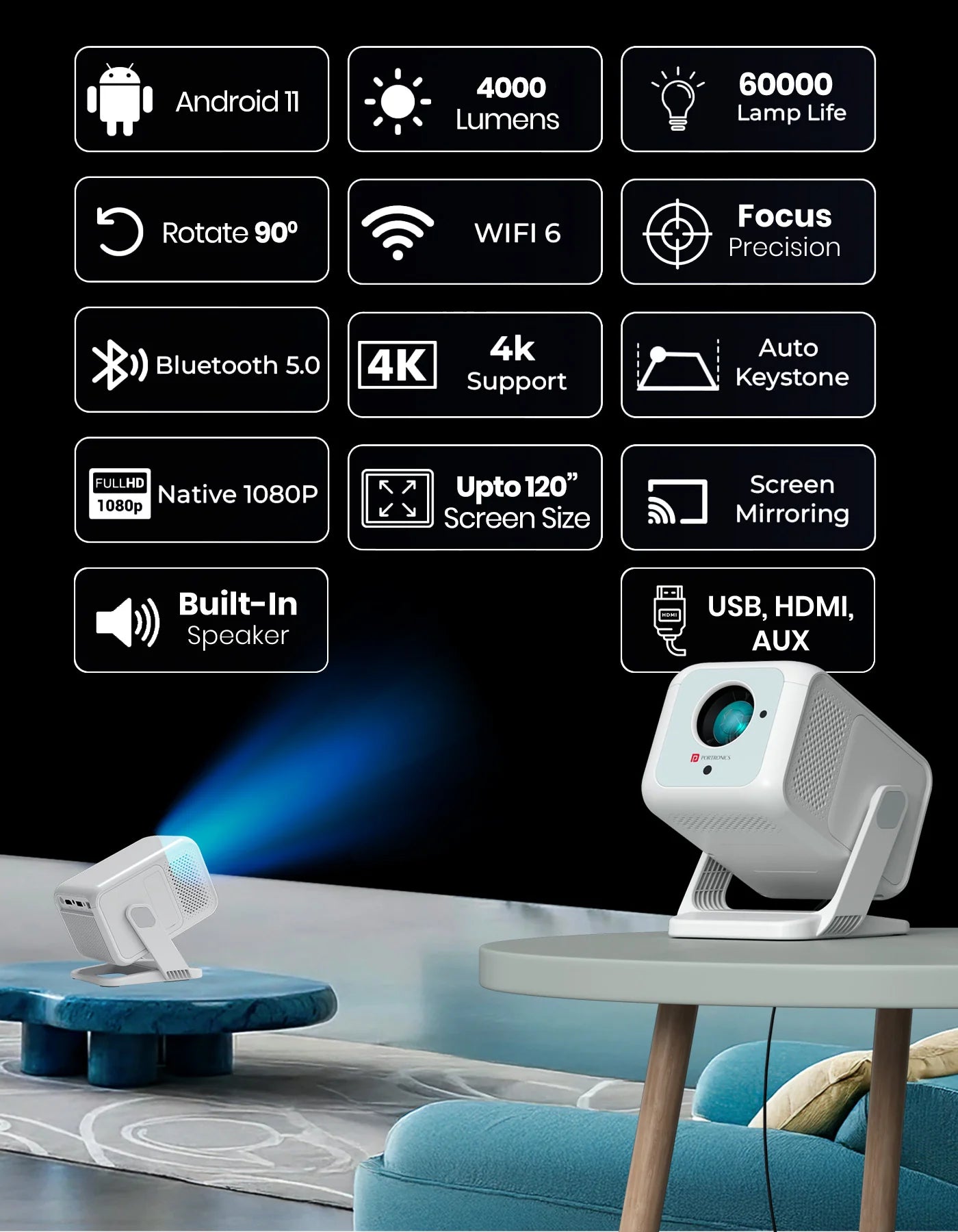 Portonics Beem 450
Pre-installed Streaming Apps | 1080p Full HD | 4000 Lumens | Upto 120 Max Display